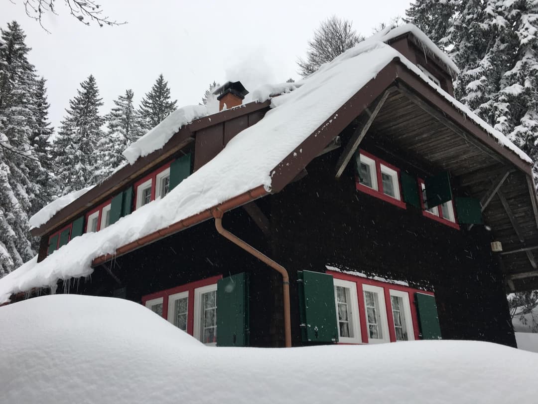 Frontansicht der Holzhütte im Winter mit viel Schnee umgeben von Mischwald